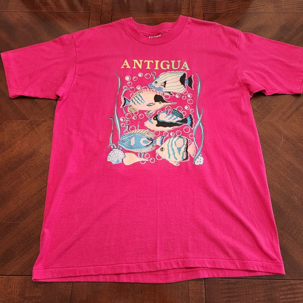 Vintage 90s Antigua Tropical Fish Graphic T-Shirt | Pink Hanes 50/50 USA Made XL